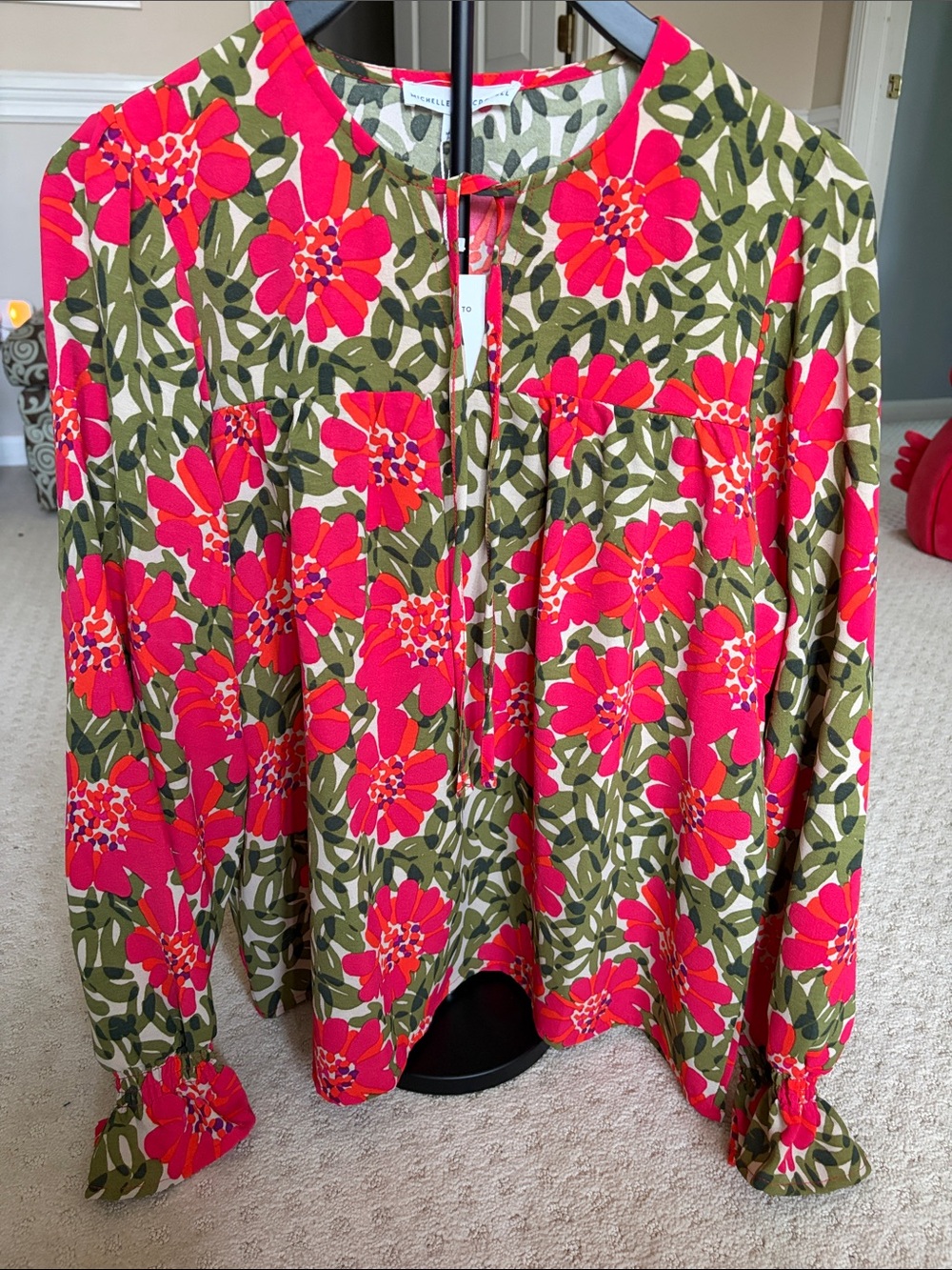 Women’s Floral Split-Neck Blouse - Pink & Olive